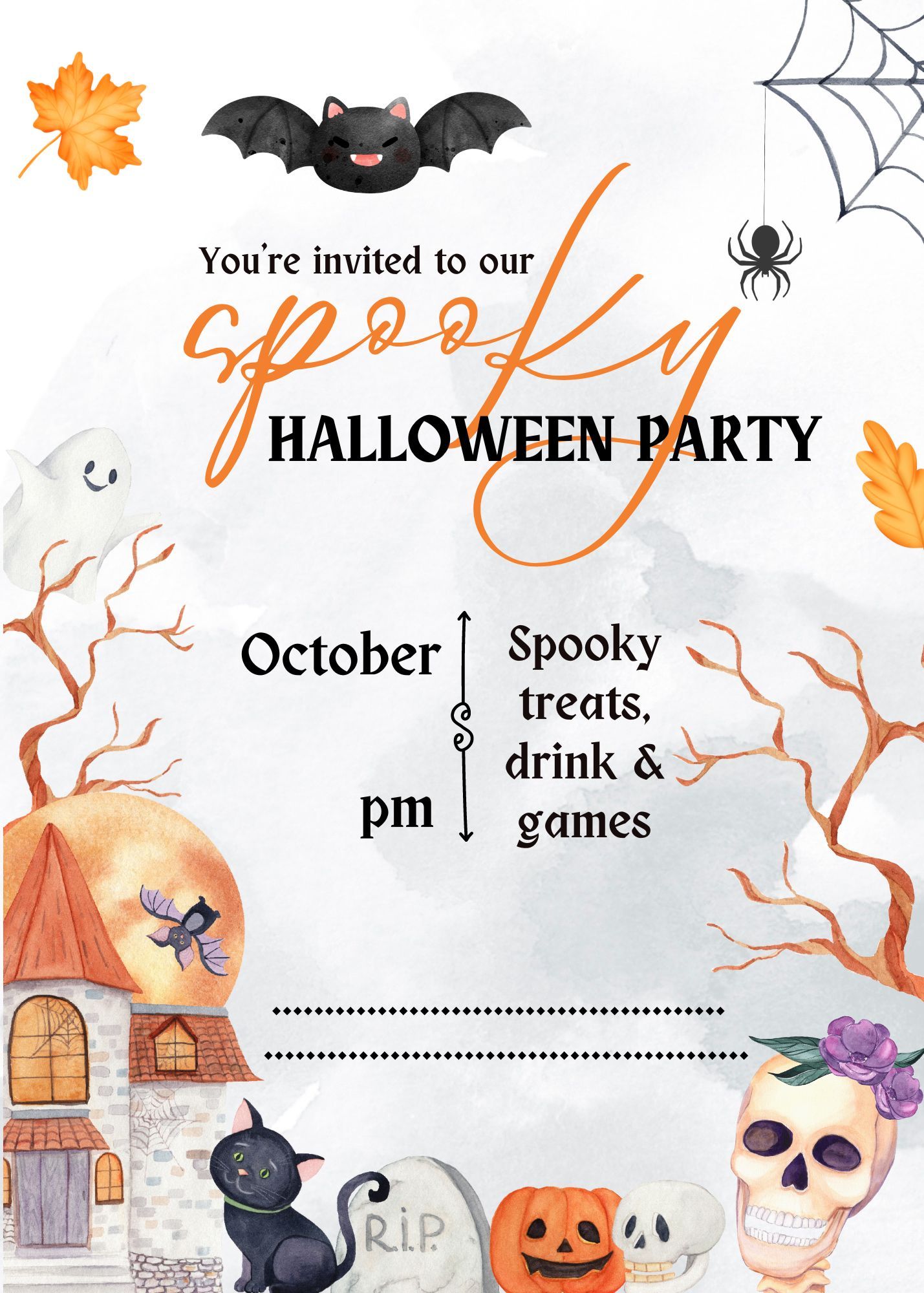 Watercolor Illustration Happy Halloween Party Invitation